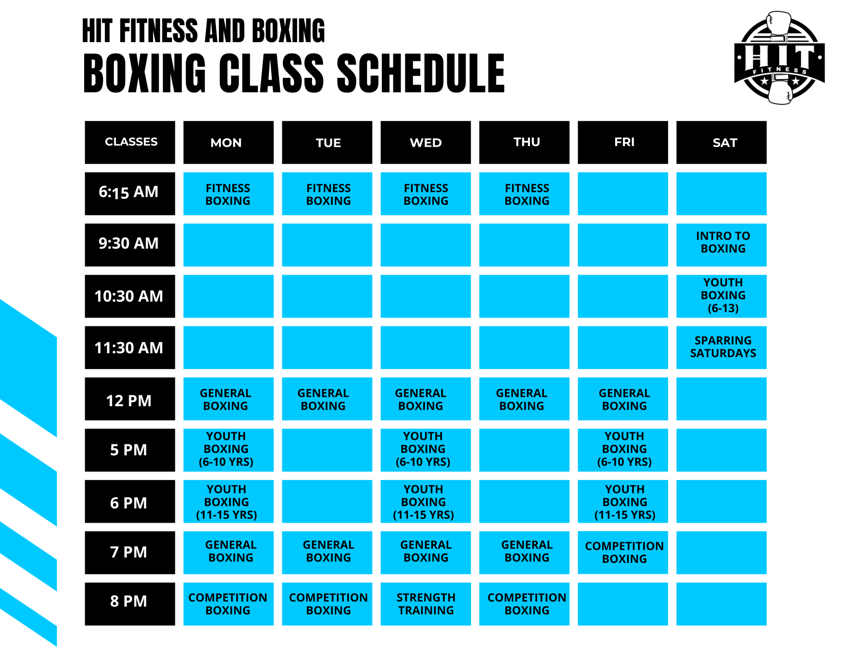 HIT Fitness & Boxing — weekly class schedule